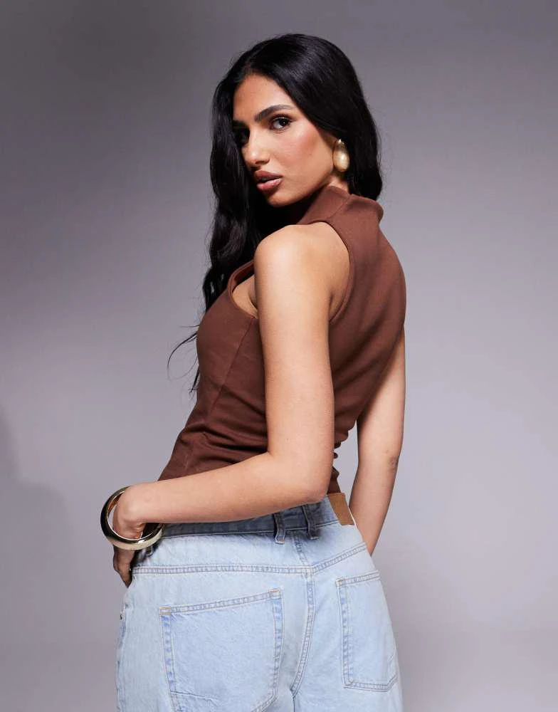 ASOS ASOS DESIGN ponte racer top with curved neckline in chocolate 2