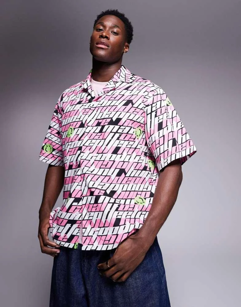 Hugo Blue Hugo Blue relaxed fit logo repeat printed shirt in pink 1