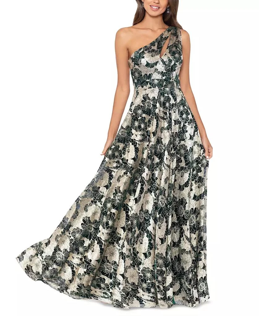 Betsy & Adam Metallic-Floral One-Shoulder Gown 1