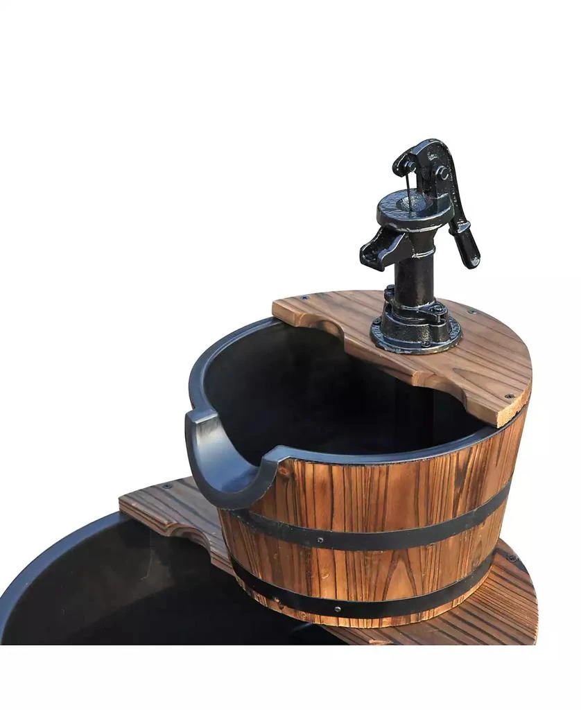 Outsunny 2 Tier Fountain Rustic Wood Barrel Water Fountain w/ Pump Garden Decor 8