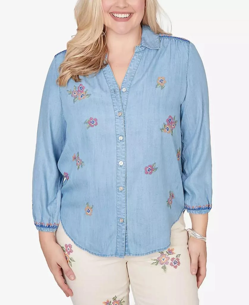 Alfred Dunner Plus Size Beachcomber Floral Embroidered Button front closure Top