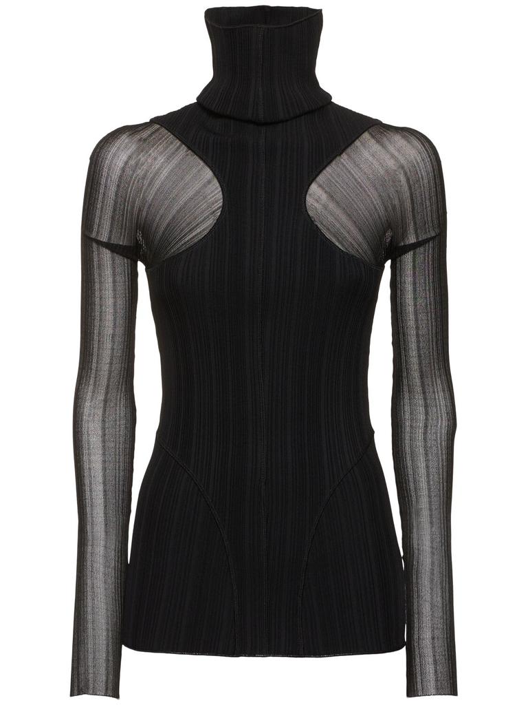 MUGLER Plissé Rib Knit Long Sleeve Top