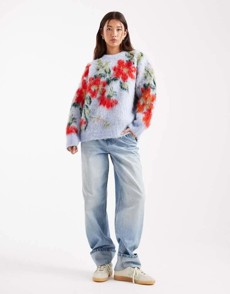 ASOS ASOS DESIGN blurred floral oversized crew neck jumper in blue
