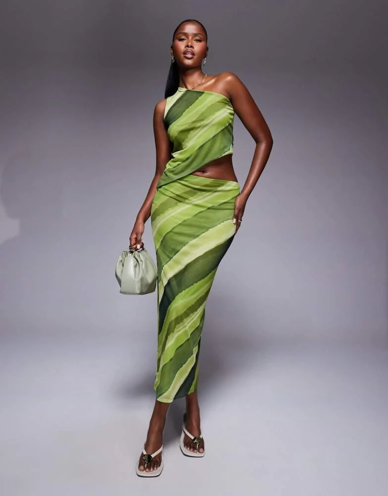 ASOS ASOS DESIGN co-ord mesh one shoulder asymmetric top in green abstract print 3