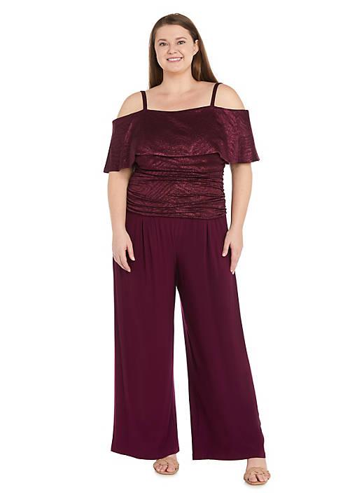 R & M Richards M Richards 1Pc Banded Cold Shoulder Strap Detail Ruched Jumpsuit