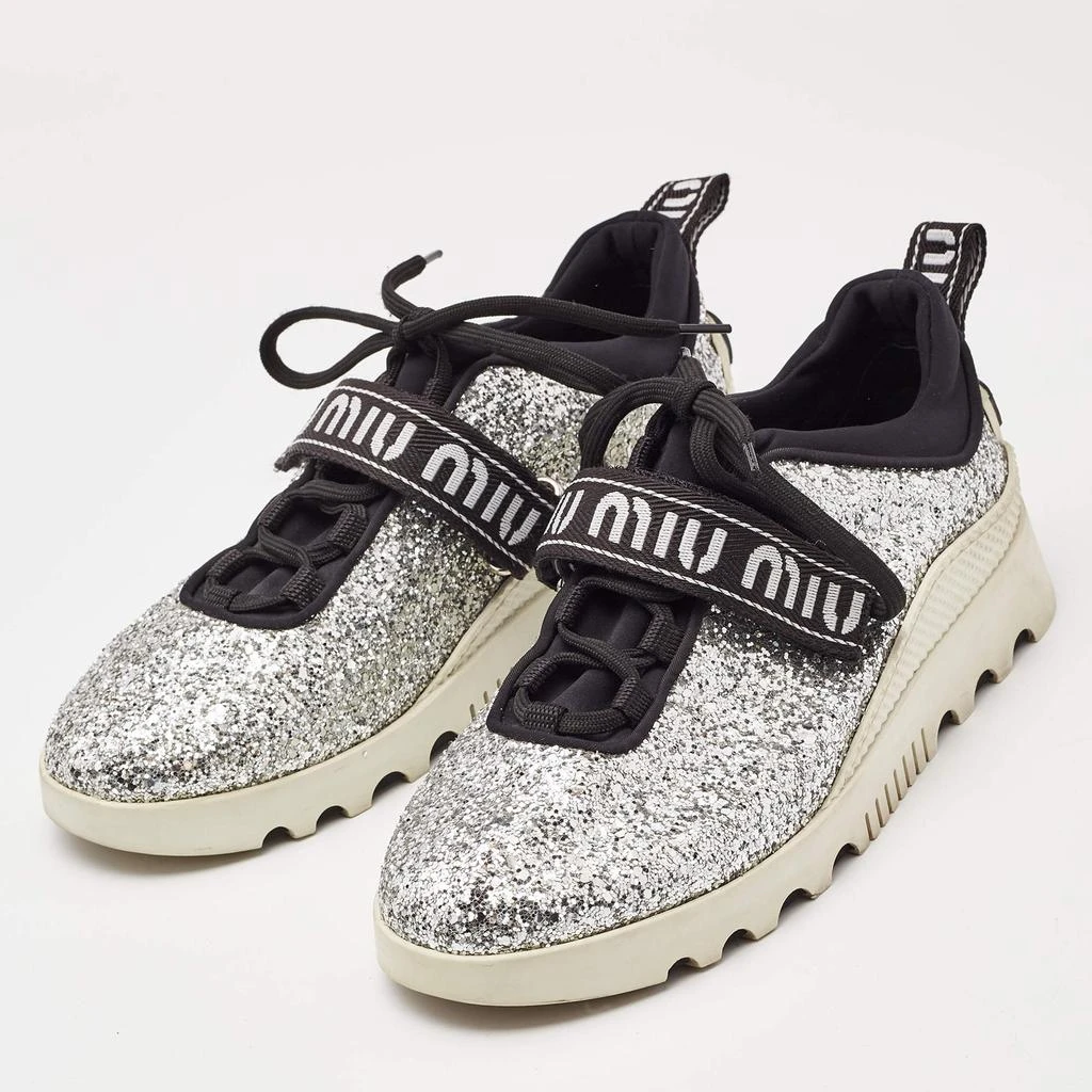 Miu Miu Miu Miu Silver Fabric and Glitter Lace Up Sneakers Size 37 2