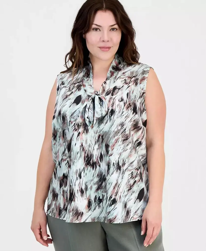 Kasper Plus Size Printed Tie-Neck Sleeveless Top