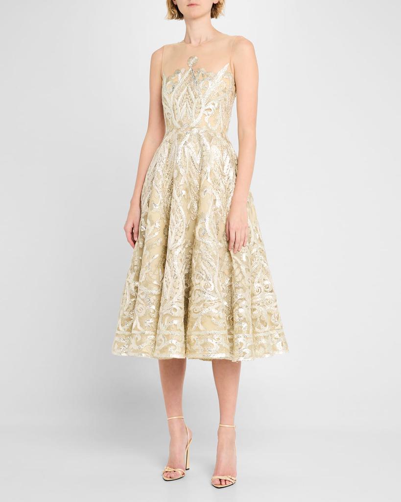 Naeem Khan Ribbon Embroidered Tea-Length Illusion Dress