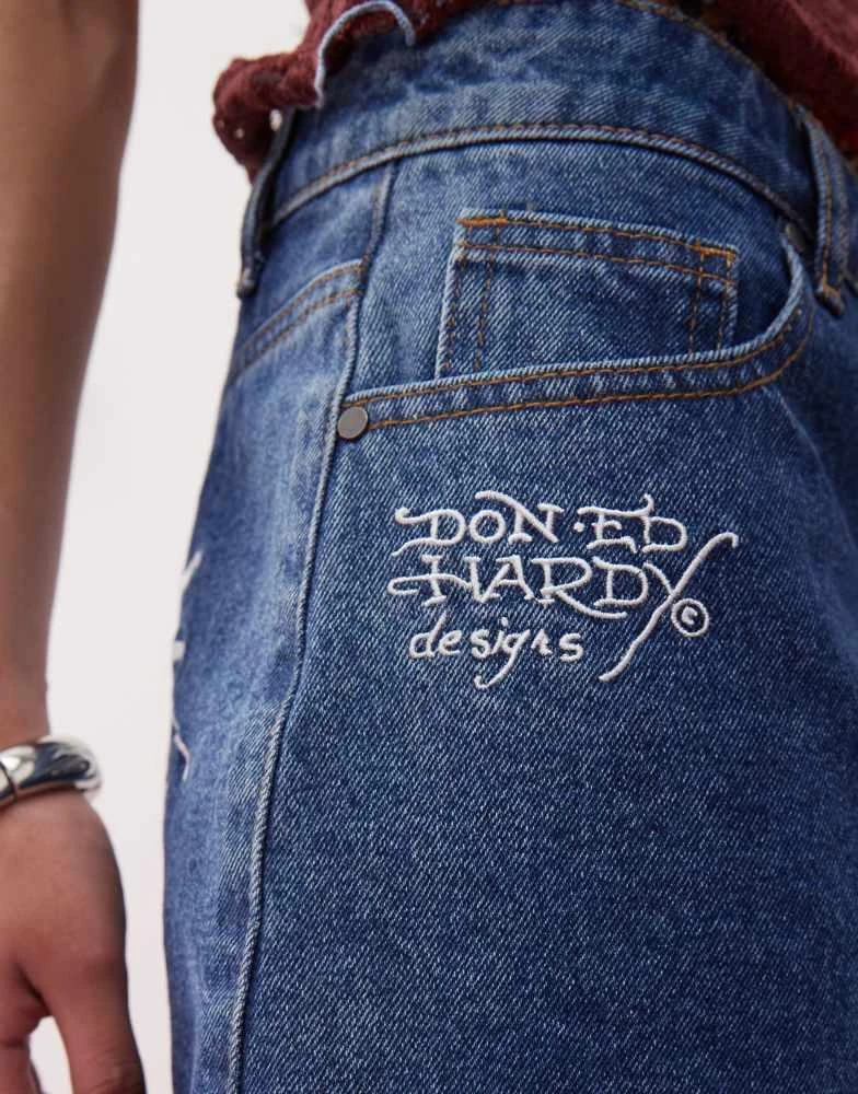 Ed Hardy Ed Hardy swallow side wash low rise denim mini skirt in washed indigo 3