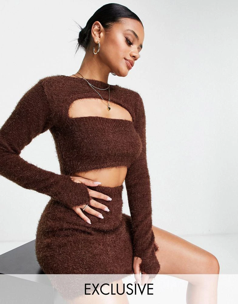 AsYou ASYOU peekaboo knitted shrug co-ord in brown 1