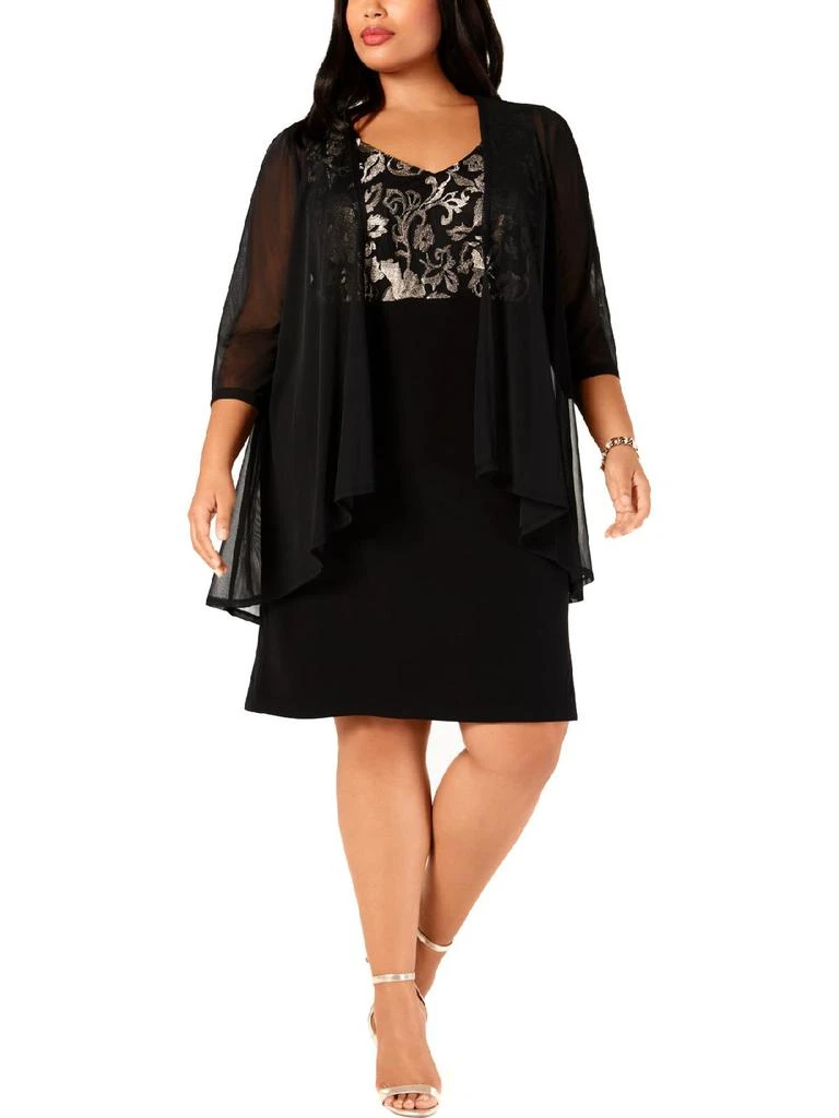 knee length dresses for ladies Connected Apparel Scoop Neckline 3/4 Sleeves Pull Over Short Metallic Knit  Dress with Attached Jacket