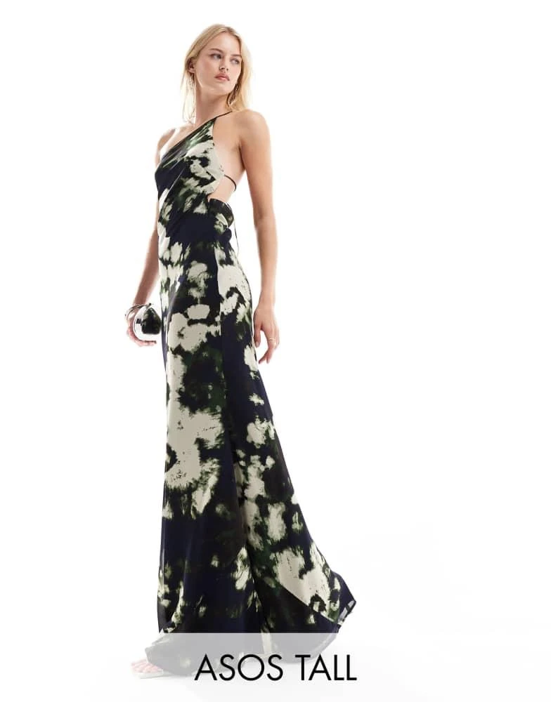 ASOS Design Tall one shoulder maxi dress with open back in Black abstract print-Multi