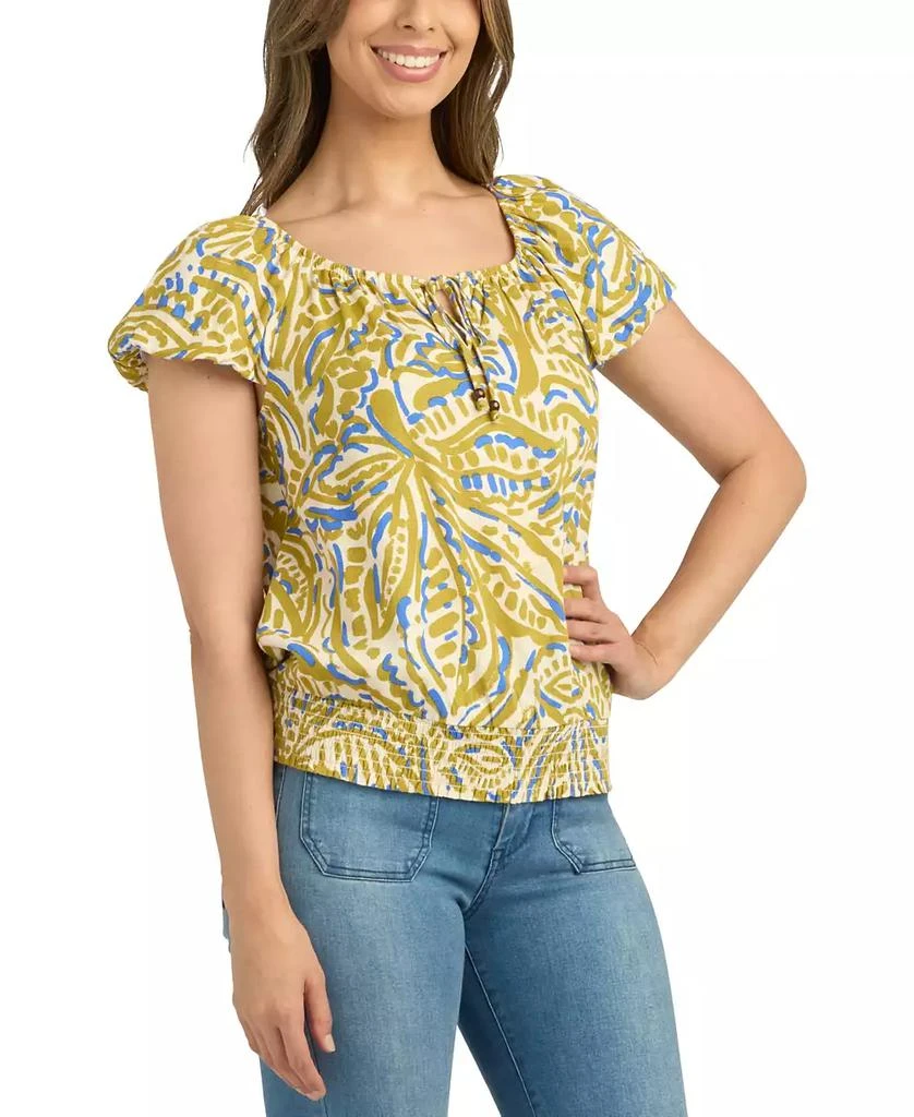 BCX Juniors' Printed Bubble-Sleeve Smocked-Hem Peasant Top 4