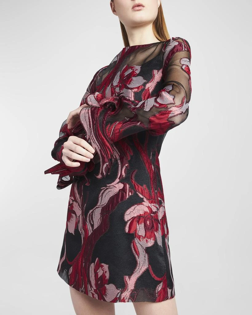 Alberta Ferretti Flower-Applique Long-Sleeve Sheer Floral Brocade Mini Dress 7