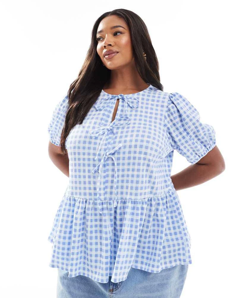 New Look Plus New Look Curve tie front peplum top in blue gingham 1