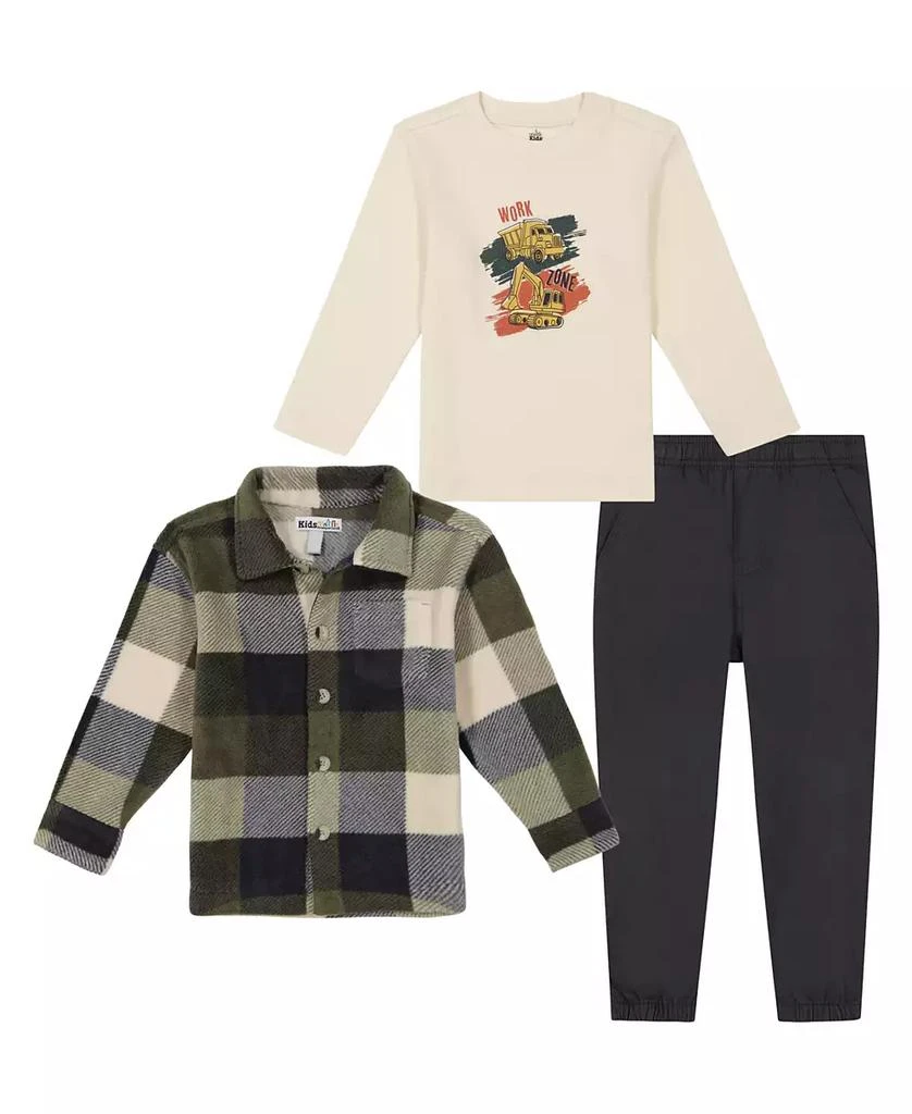 KIDS HEADQUARTERS Toddler and Little Boys, Plaid Polar Fleece Shacket, Hooded Tee Twill Joggers 1