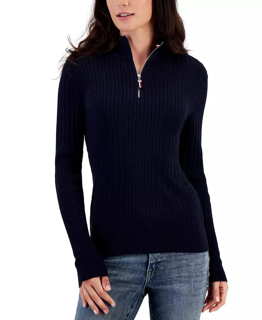 Tommy Hilfiger Women's Cotton Quarter-Zip Cable-Knit Sweater 1