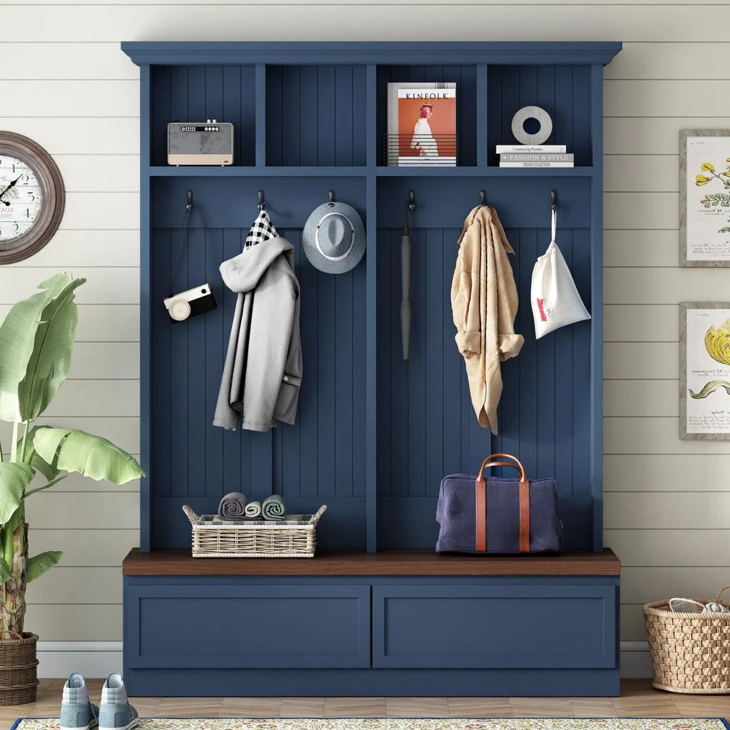 Streamdale Furniture Streamdale Farmhouse 4-in-1 Hall Tree with Wood Grain Bench, Coat Rack, 2 Drawers, Blue, 55.9"W 2