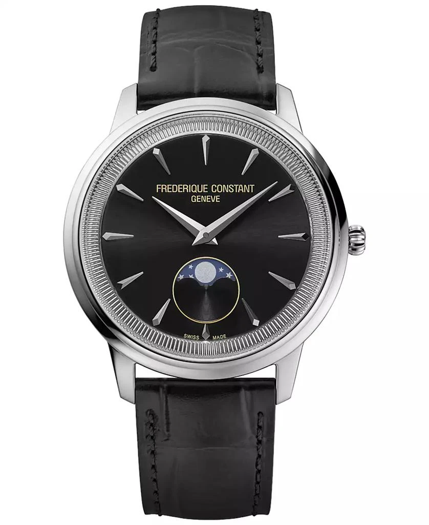 Frederique Constant Men's Swiss Moneta Moonphase Black Leather Strap Watch 37mm 1