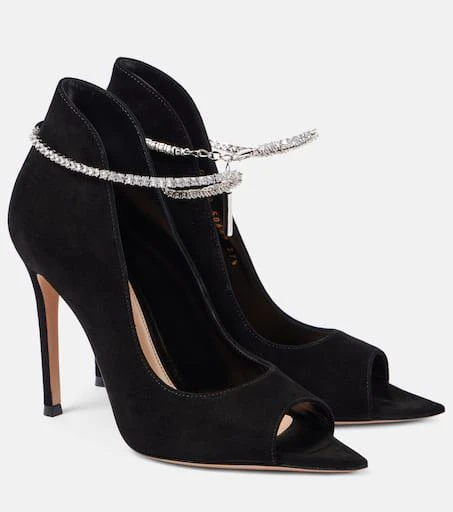 Gianvito Rossi Crystal-embellished suede peep-toe pumps 1