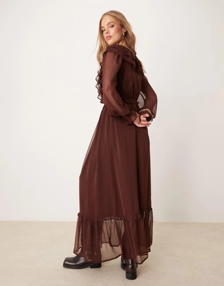 Miss Selfridge Miss Selfridge long sleeve ruffle detail maxi dress in chocolate 4