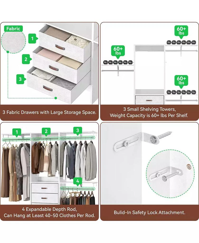 Aheaplus 5FT Small Closet Organizer System with 3 Fabric Drawers, 60" Closet System with 3 Shelving Towers 3