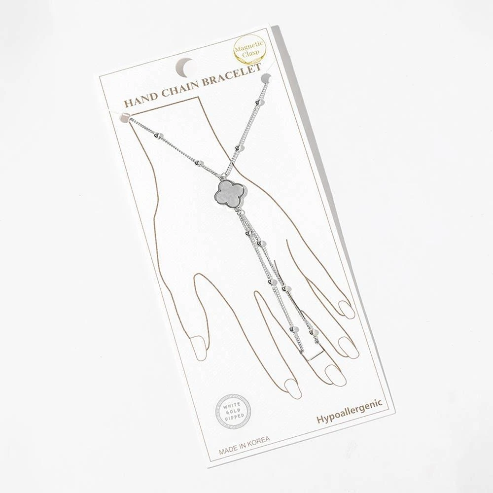 FASHNZFAB White Gold Dipped Beaded Mother of Pearl Quatrefoil Accent Hand Chain Magnetic Bracelet