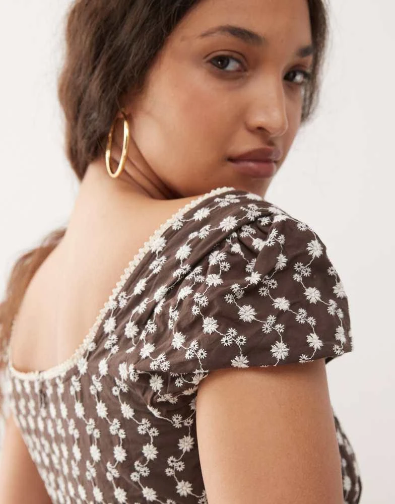 Motel Motel bella broderie scoop neck mini dress in brown 3