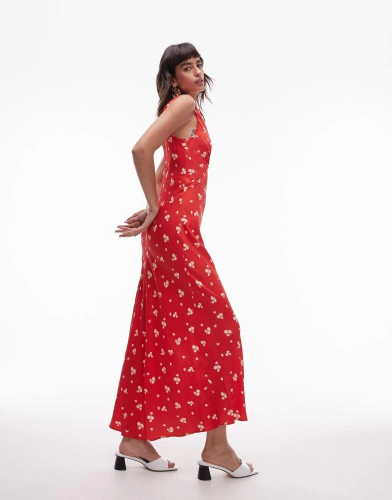 Topshop Topshop double v midi slip dress in red ditsy print 4