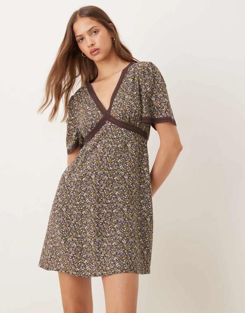Nobody's Child Nobody's Child lace trim mini dress in chocolate ditsy floral 4