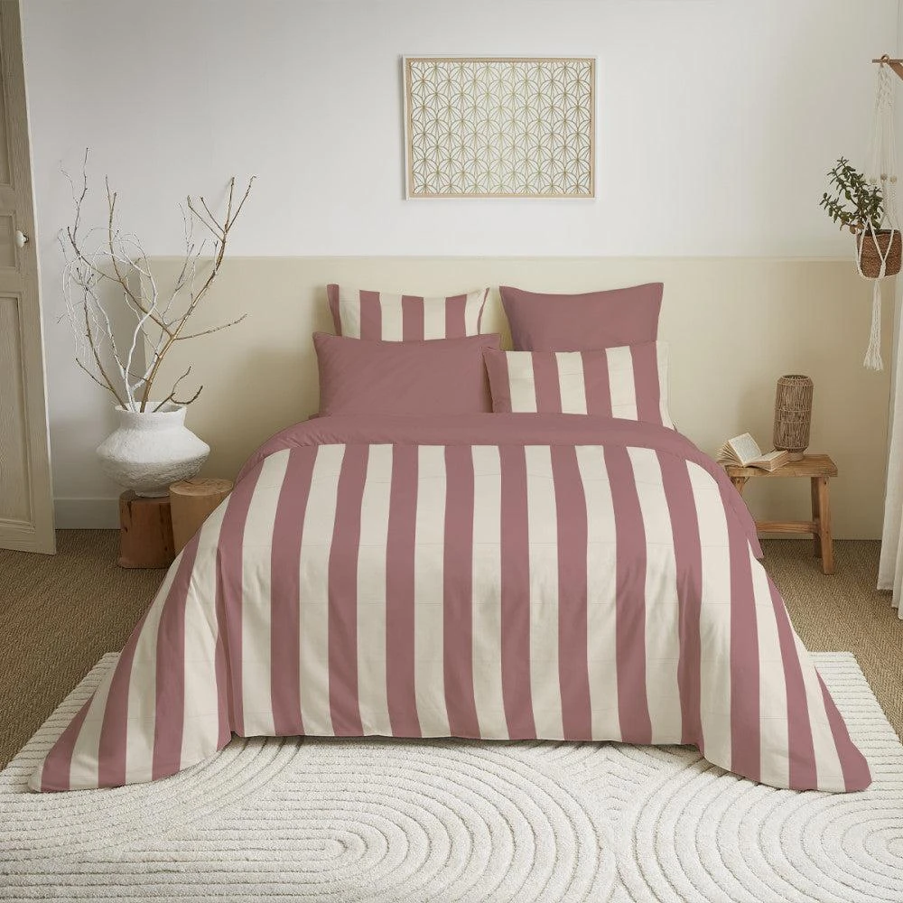 Coton Pur Pack Complet Imprimé (Housse De Couette + Taie(s) + Drap Housse) - 100% Coton 57 Fils - Deauville Pourpre 2