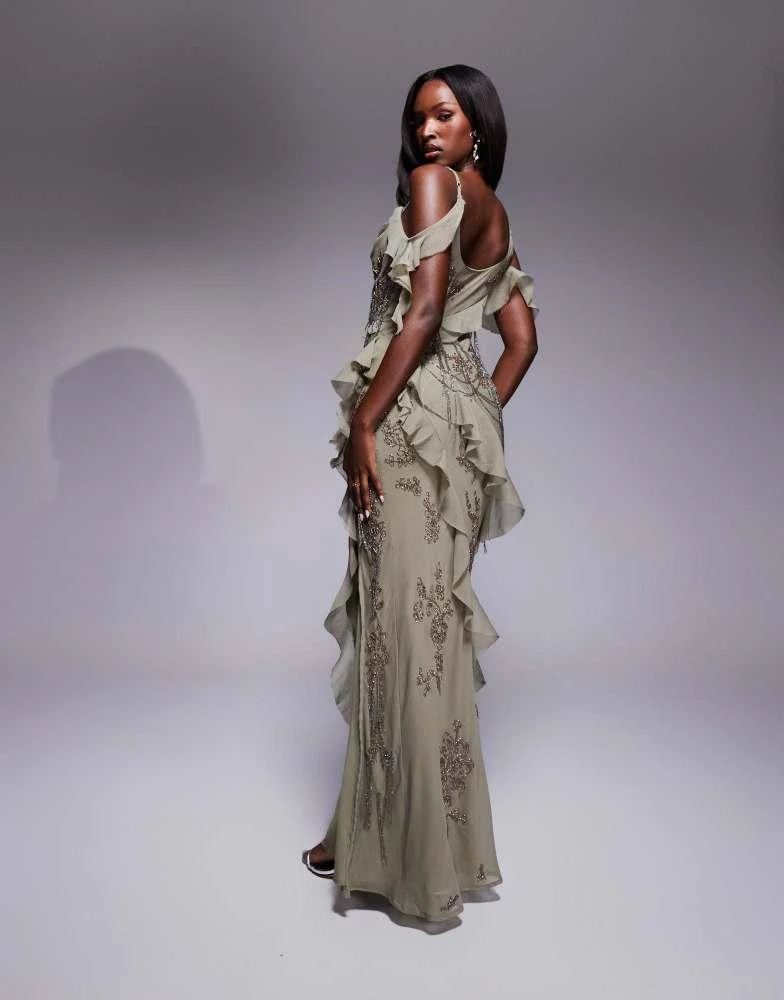 ASOS ASOS DESIGN draped fringe embellished maxi dress with ruffles in sage green 3