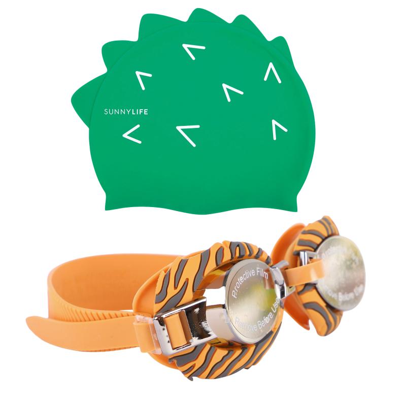 Sunnylife Tiger stripes swim goggles and crocodile swimming cap set in orange and green