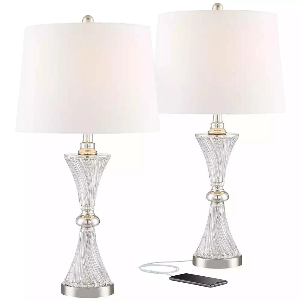 Regency Hill Luca Modern Table Lamps 25 1/2" High Set of 2 Twisted Glass with USB Charging Port White Drum Shade for Bedroom Living Room Office Desk