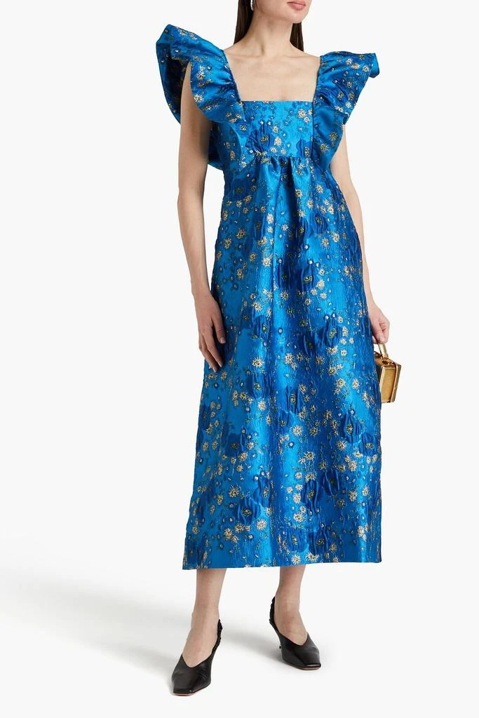 Ganni Gathered metallic cloqué midi dress 2