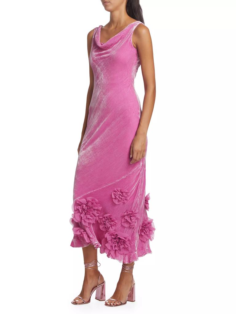 Saloni Asher Draped Floral Velvet Midi-Dress