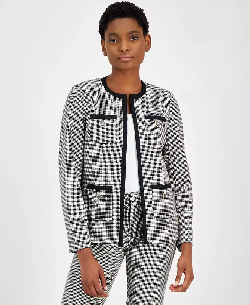 Anne Klein Petite Houndstooth Collarless Braid-Trim Jacket 1