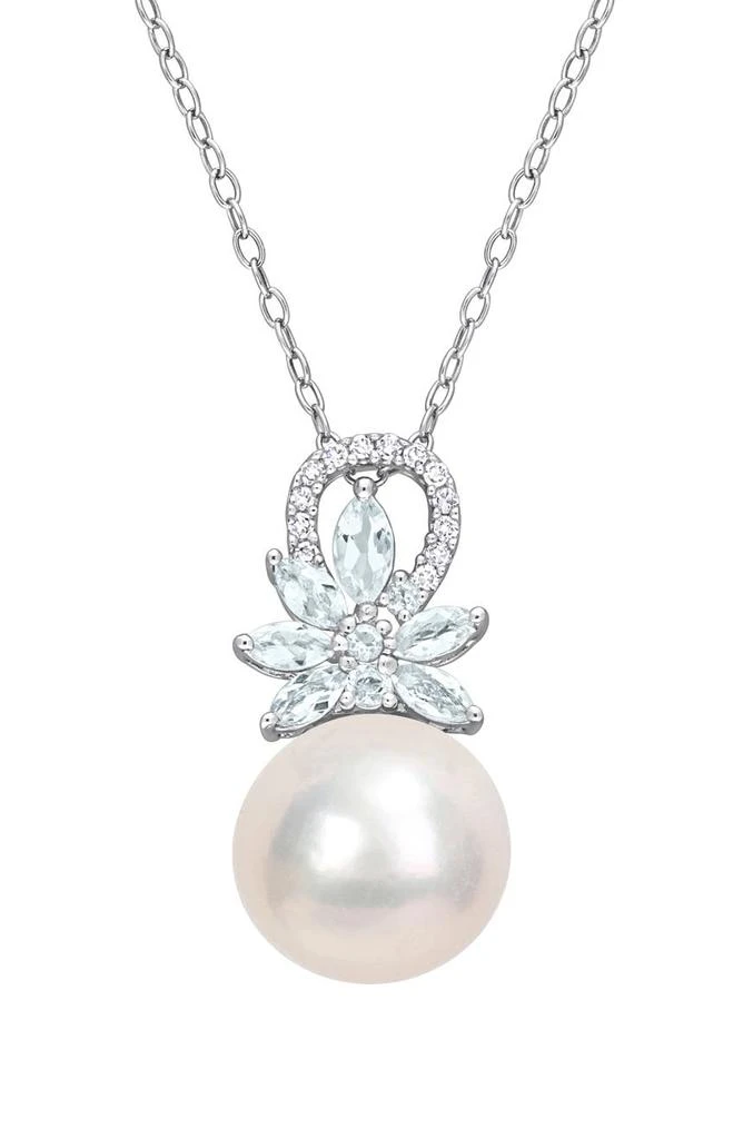 DELMAR Sterling Silver 11-12mm Cultured Freshwater Pearl Aquamarine Diamond Pendant Necklace - 0.07 ct.