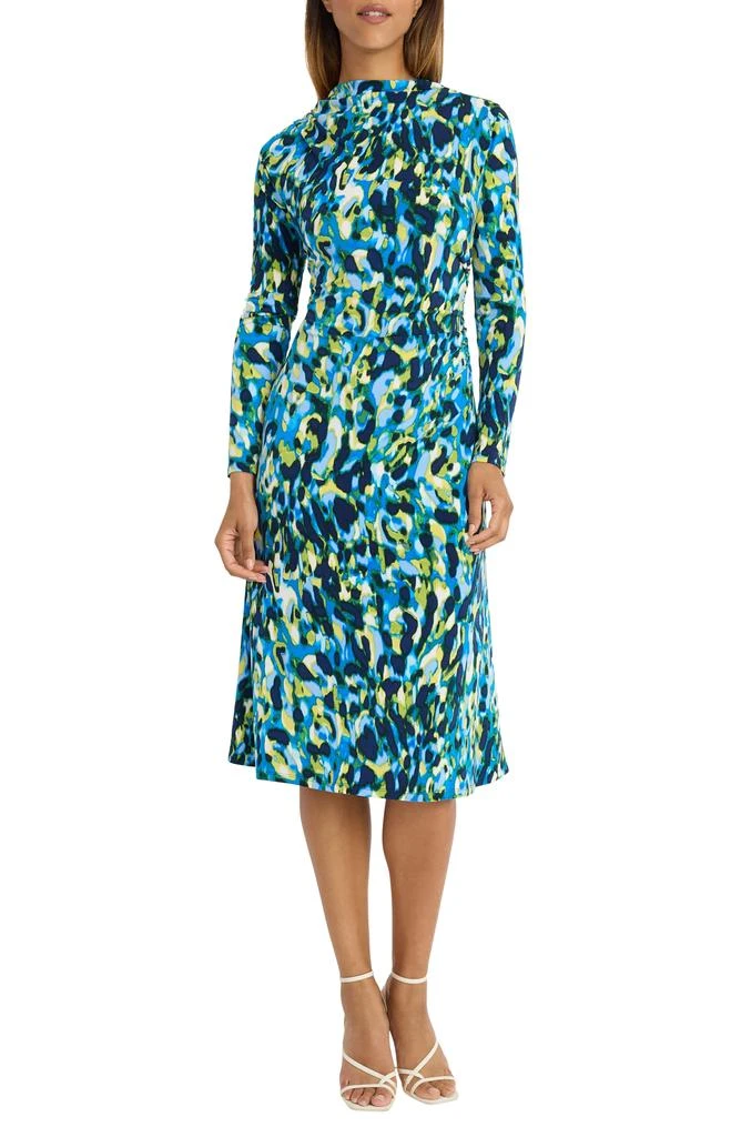 Maggy London Funnel Neck Long Sleeve Draped Waist Midi Dress 1