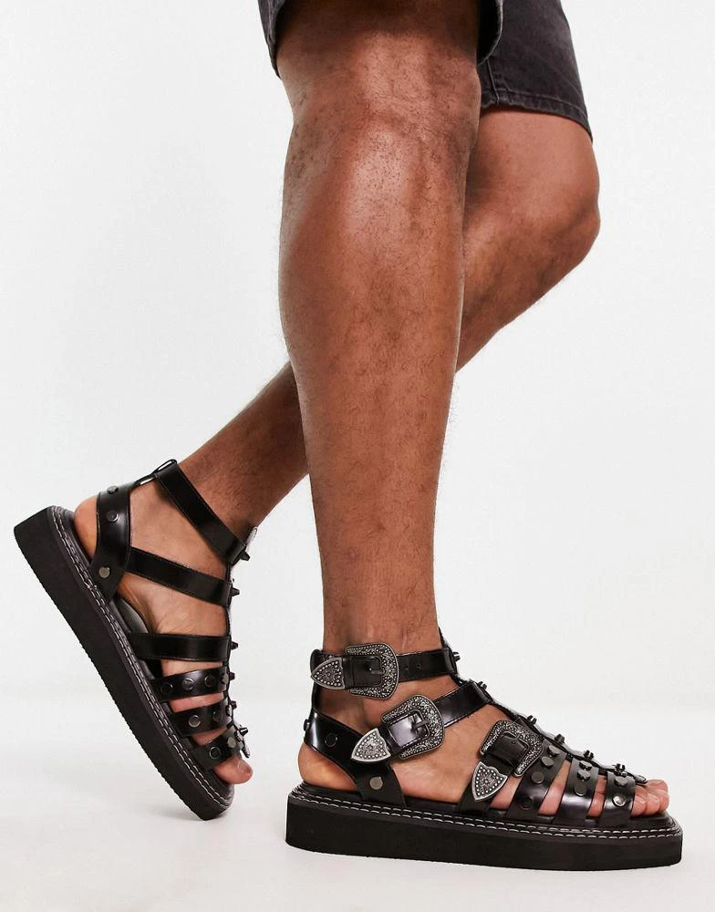 ASOS ASOS DESIGN chunky gladiator sandals in black leather with western detailing 4