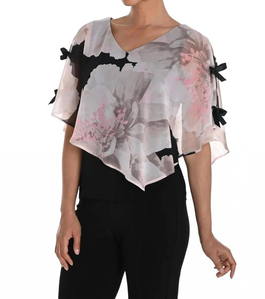 Frank Lyman Floral Chiffon Overlay Top In Black/beige