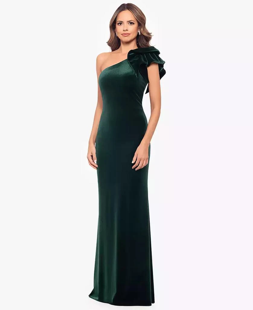 Betsy & Adam Women's Asymmetric Ruffled Sleeveless Velvet Gown - Hunter - Size 8