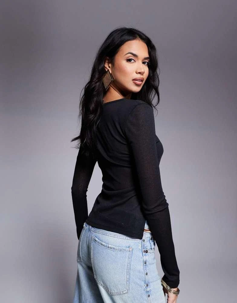 ASOS ASOS DESIGN longline long sleeve mesh top with side splits in black 3