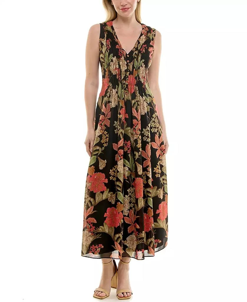 Taylor Women's Printed V-Neck Smocked-Waist Sleeveless Dress 1