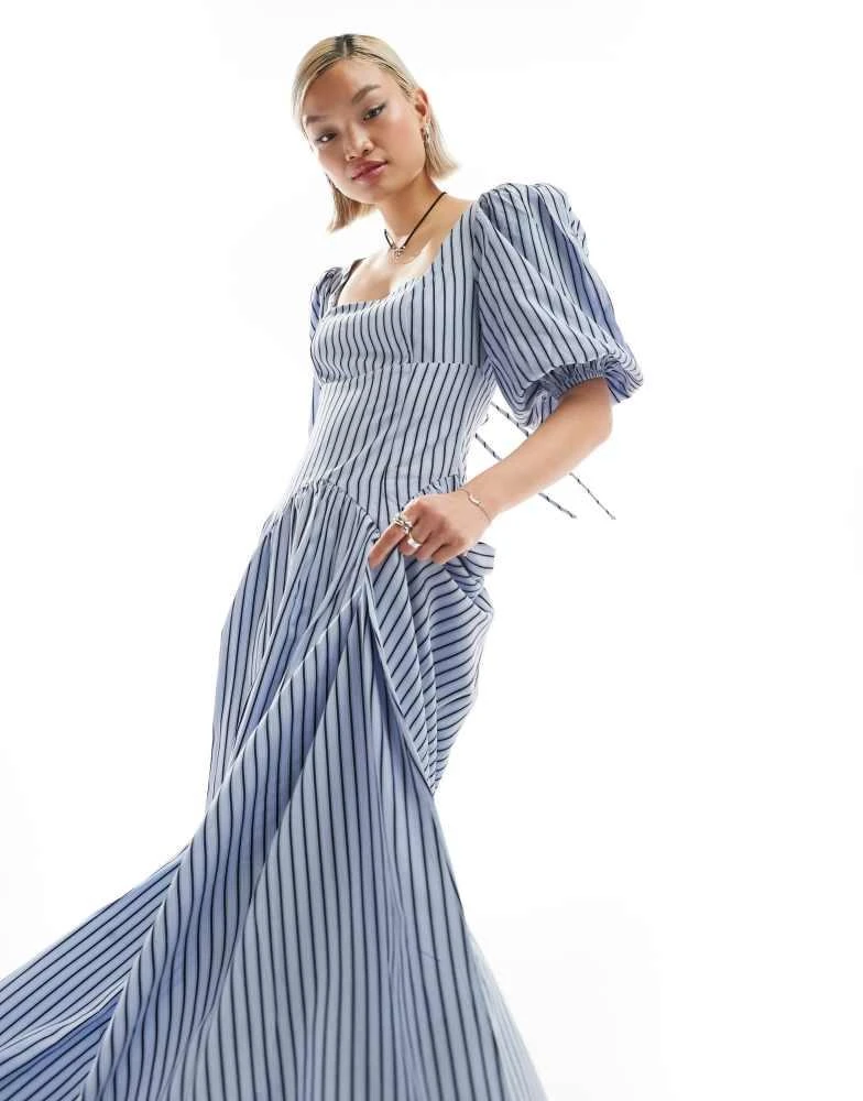 Glamorous Glamorous volume sleeve square neck drop waist maxi dress in blue stripe 2