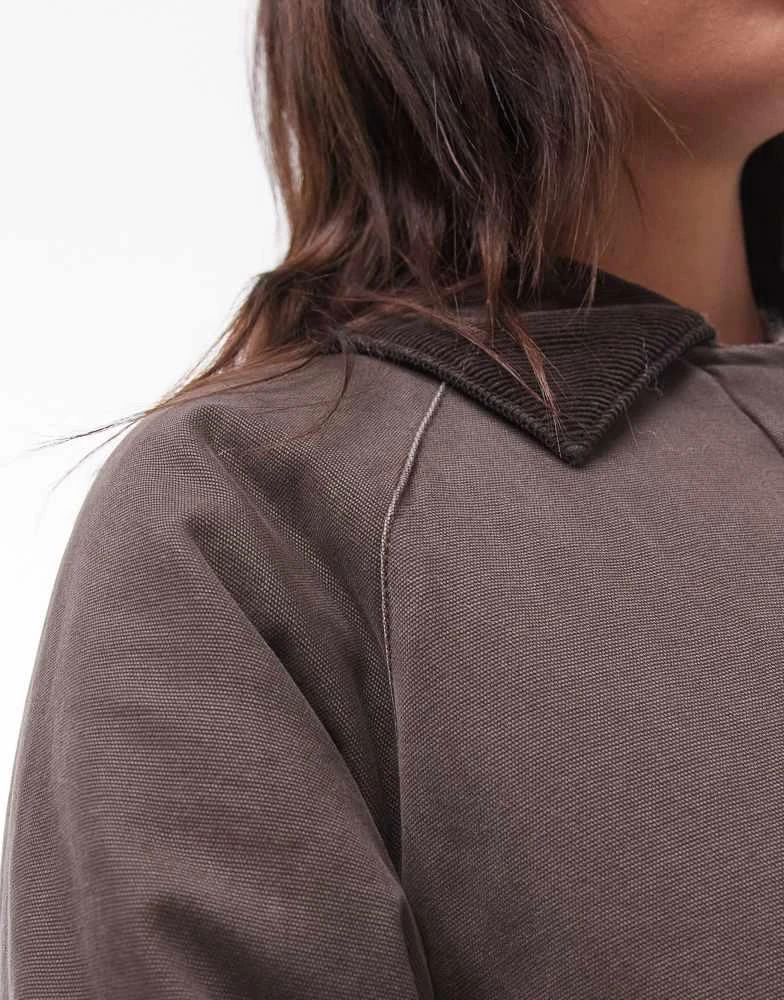 Topshop Topshop longline cotton padded jacket with cord collar in brown 3