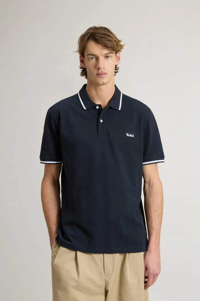 Woolrich Monterey Polo Shirt in Stretch Cotton Piquet with Striped Edges - Men - Blue 1