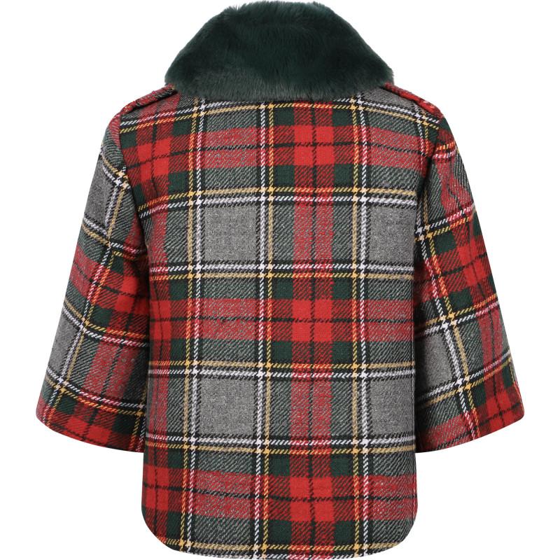 Abel & Lula Faux fur collar checkered jacket in red and grey