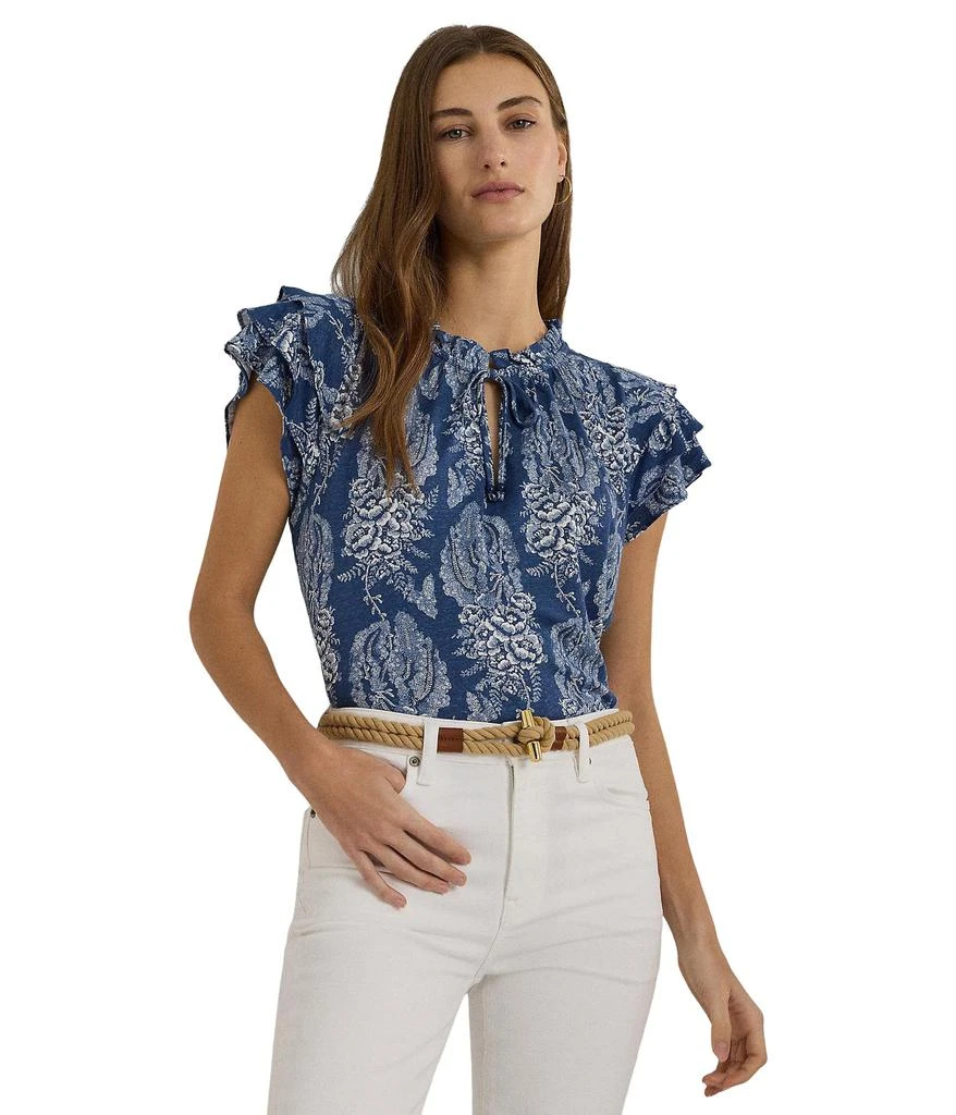 Ralph Lauren Floral Linen-Blend Jersey Tie-Neck Top 1