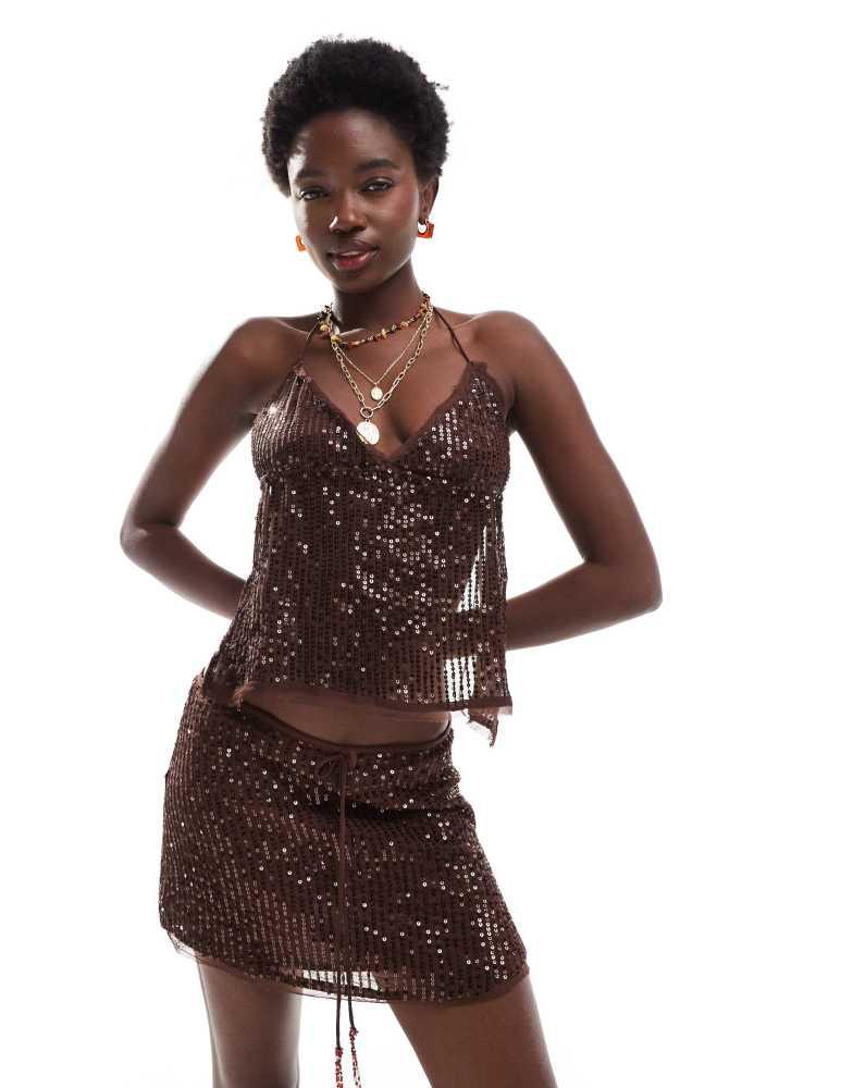 Pull&Bear Pull&Bear sequin halterneck strappy back top co-ord in brown
